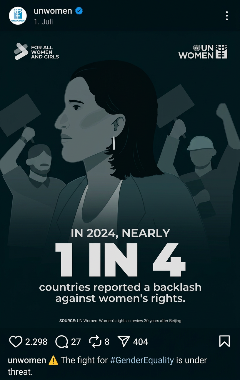 Graustufige UN-Women-Grafik: 2024 meldete fast jedes vierte Land einen Rückschritt bei Frauenrechten.
